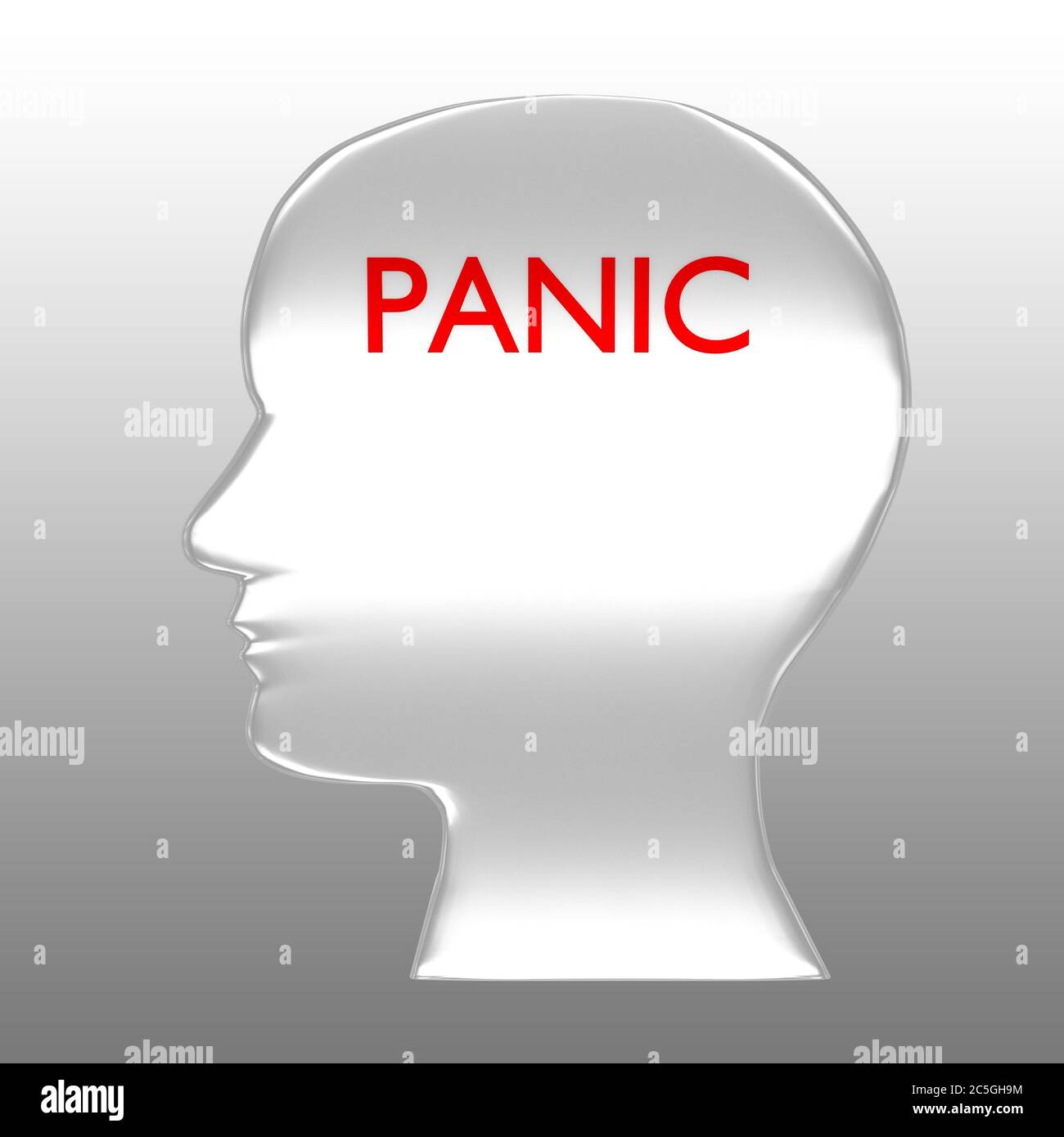 Illustrazione 3D della sagoma della testa contenente il testo PANIC, isolato su un gradiente grigio. Foto Stock