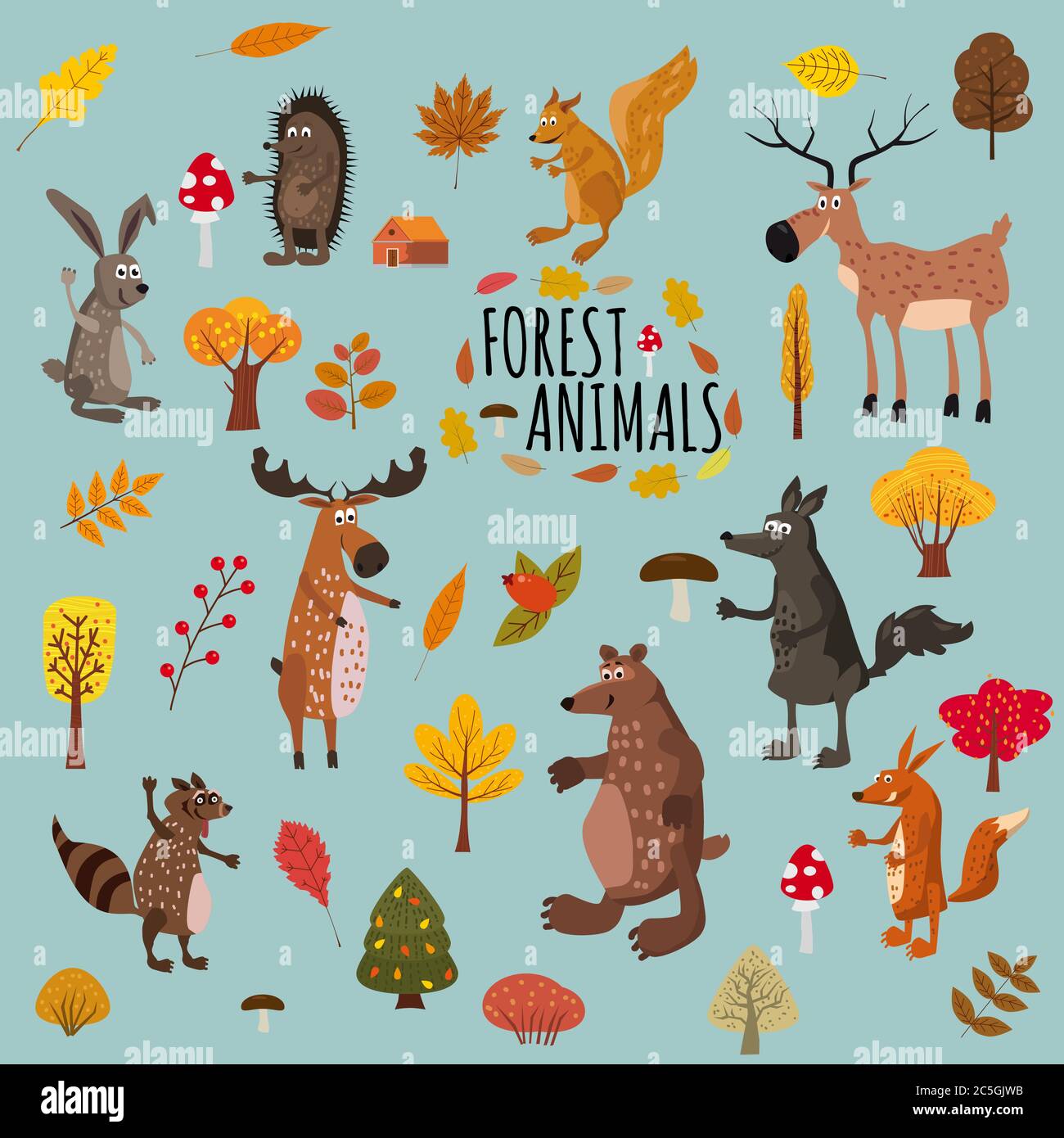 Set di animali carini della foresta orso, raccoon, scoiattolo, lepre, volpe, lupo, hedgehog, alci, cervi, foglie d'autunno alberi, trend stile moderno, vettore Illustrazione Vettoriale