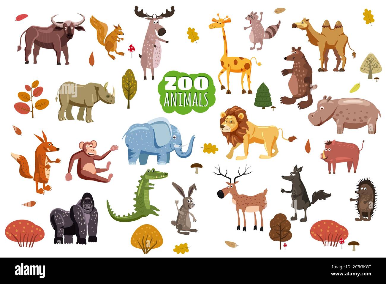 Grande insieme di vettori di cartone animato di animali selvatici. Predatori di fauna africani, australiani, asiatici, sudamericani e nordamericani e specie erbivore. Stile cartone animato Illustrazione Vettoriale