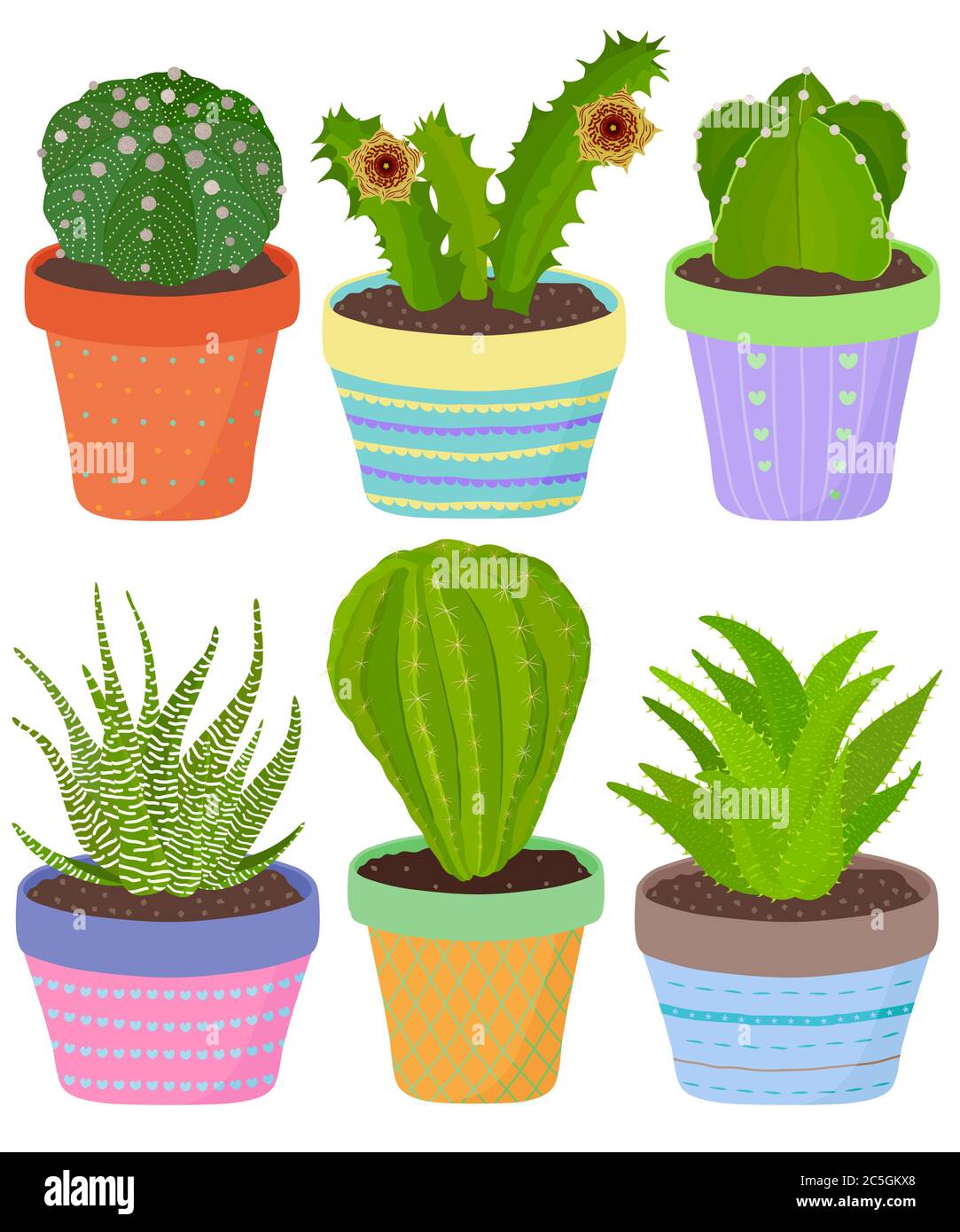 Insieme vettoriale di cactus cactus aloe piante succulente in vaso. Collezione di piante esotiche disegnate a mano in stile piatto. Simpatica illustrazione isolata su bianco. Illustrazione Vettoriale