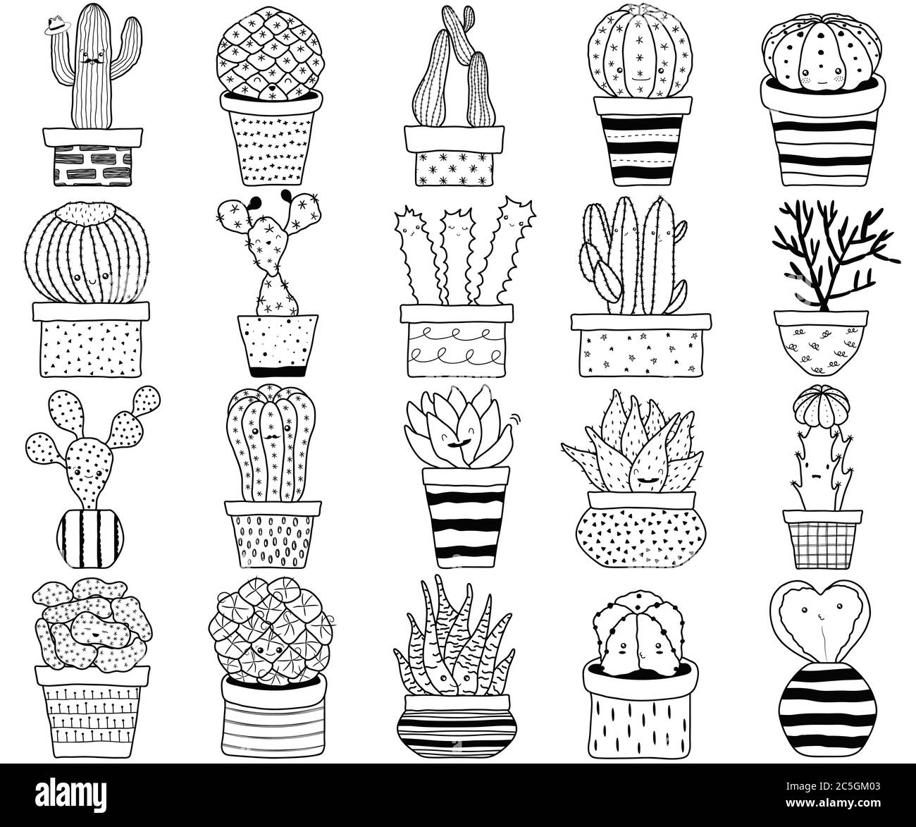 Serie vettoriale di cactus cactus aloe piante succulente con viso in vaso. Collezione di doodle bianco nero mano disegnata esotica pianta domestica. L'illustrazione carina è Illustrazione Vettoriale