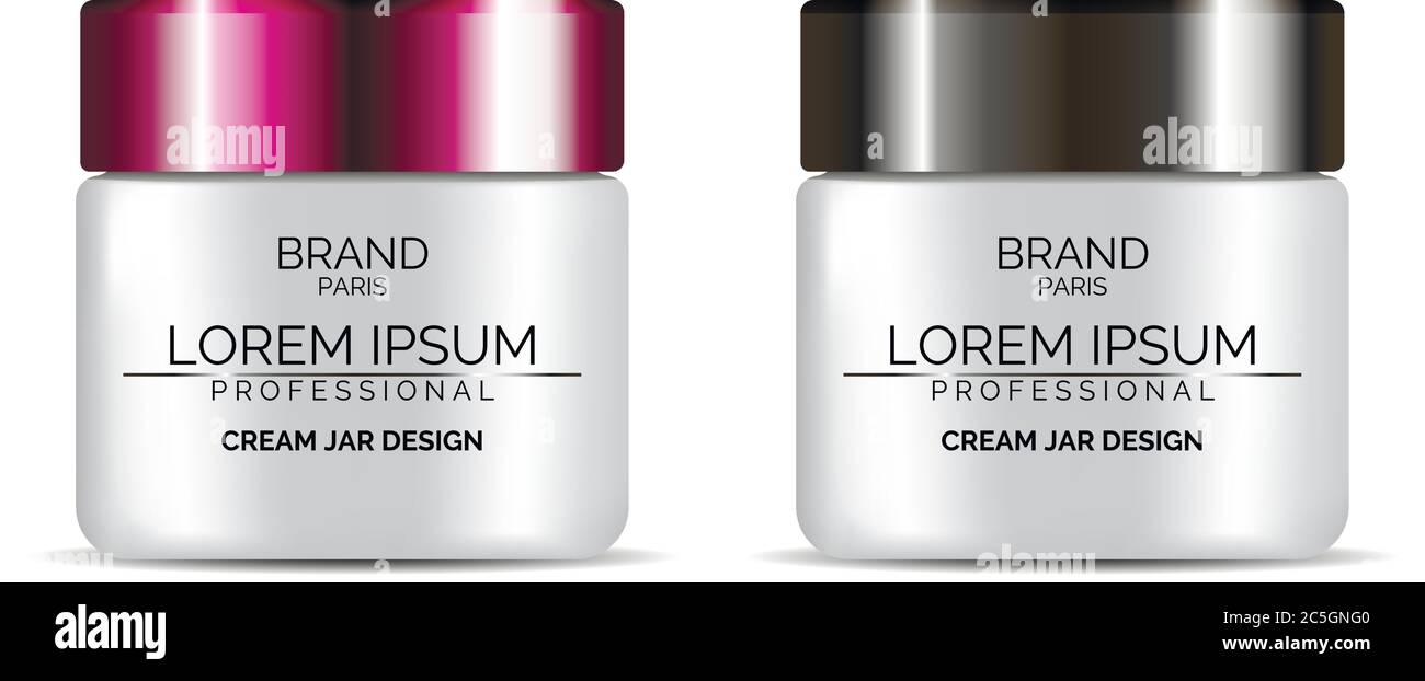 Annunci di vasetto crema facciale. Illustrazione vettoriale del set di confezionamento rotondo cosmetico con coperchio per prodotti per la cura del viso o del corpo: Crema, idratante, polvere, burro. Illustrazione Vettoriale