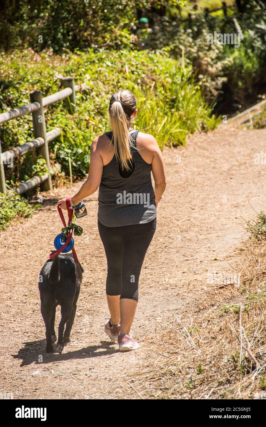 Una giovane donna scherza con il suo cane lungo un sentiero nella città di Mission Viejo, California, USA. Foto Stock