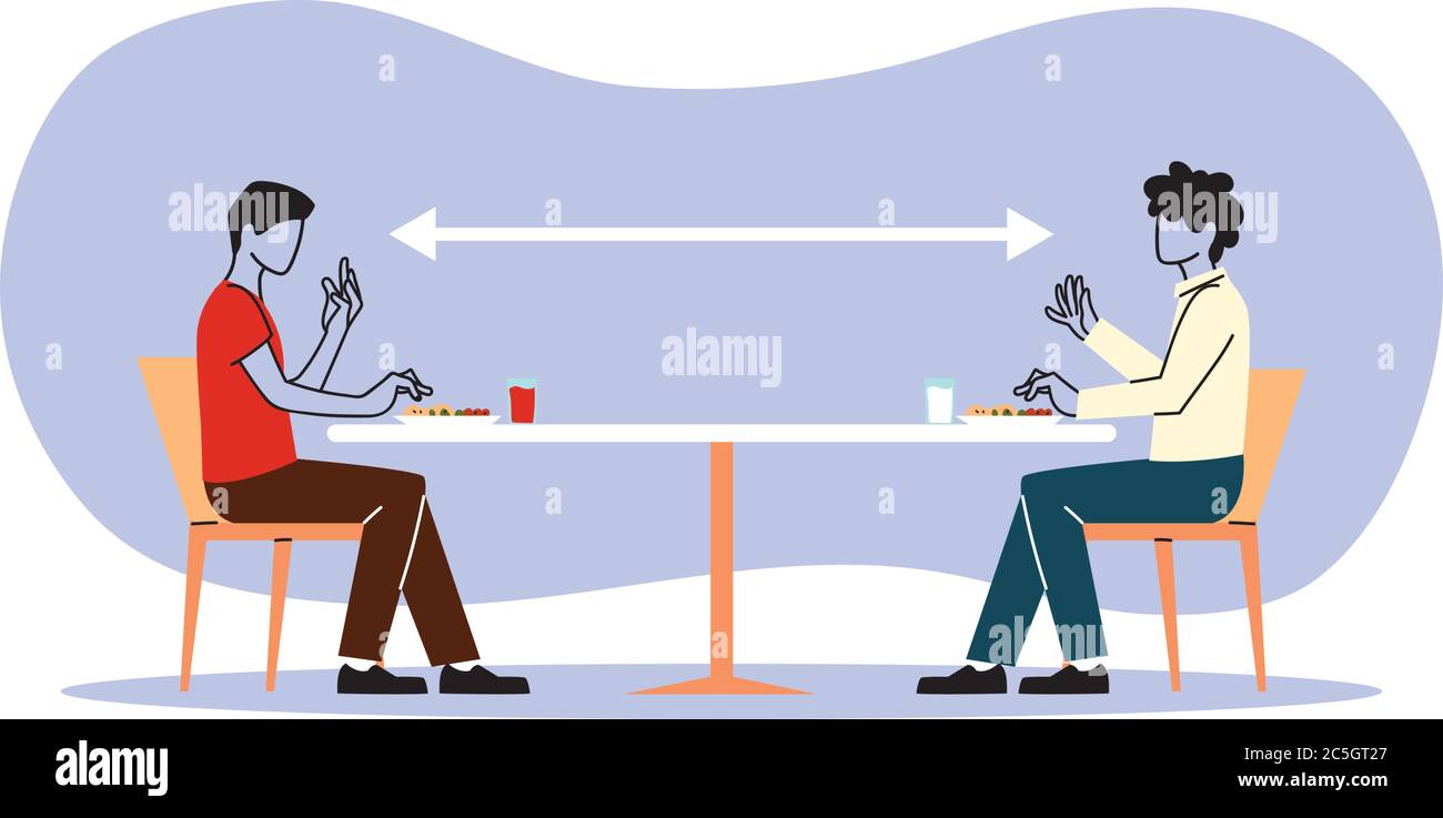 Social distancing tra gli uomini su ristorante tavolo design di Covid 19 virus tema illustrazione vettoriale Illustrazione Vettoriale