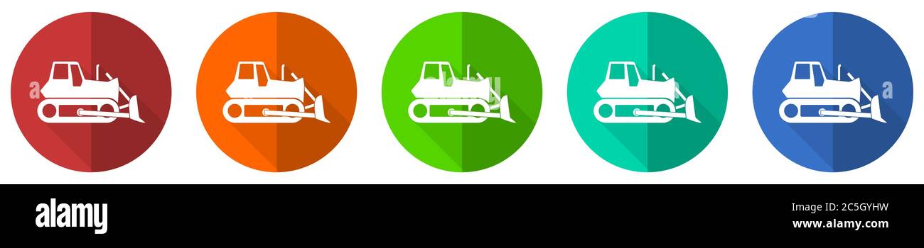 Set di icone apripista, macchina pesante, trattore, pulsanti web di design piatto rosso, blu, verde e arancione isolati su sfondo bianco, illustrazione vettoriale Illustrazione Vettoriale