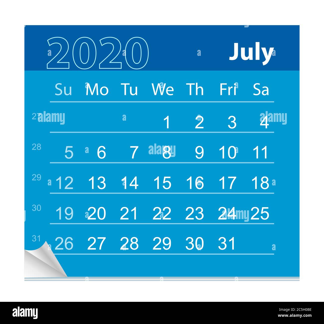 Calendario del mese di luglio 2020. Illustrazione vettoriale. La settimana inizia la domenica Illustrazione Vettoriale