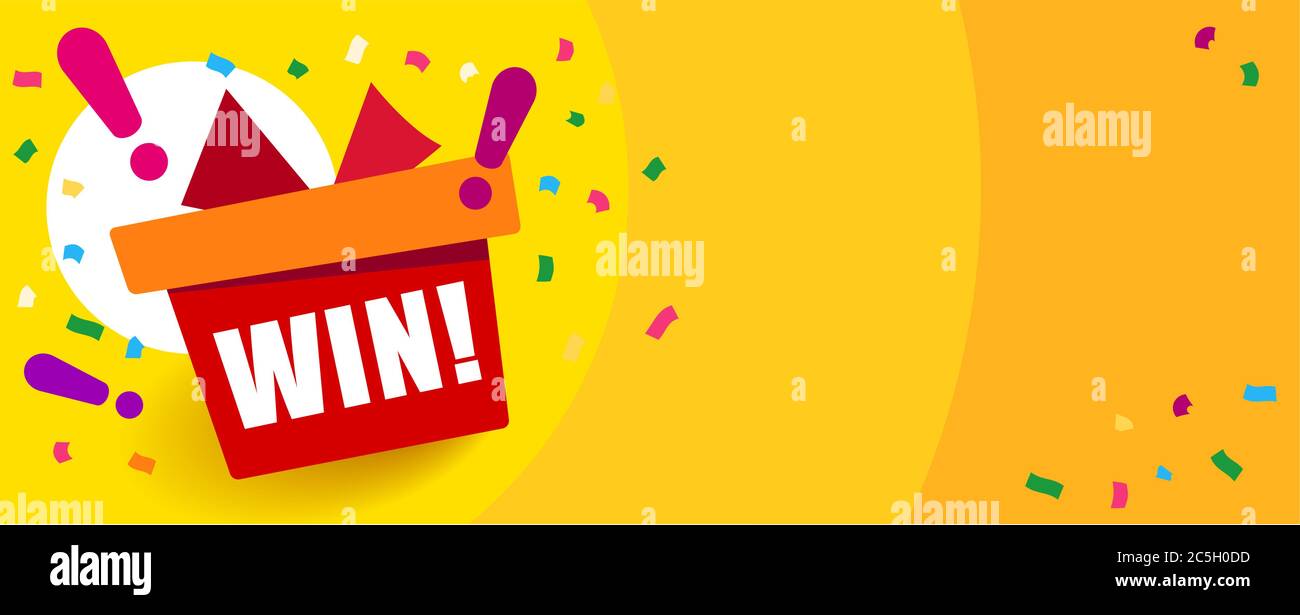 Sfondo arancione luminoso con testo Win gift box e punti esclamativi. Congratulazioni, Vinci banner. Fuochi d'artificio o confetti intorno. Illustrazione Vettoriale