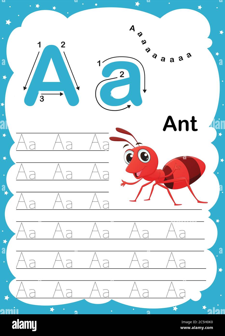 Lettera colorata alfabeto maiuscolo e minuscolo A-Z, traccia e scrittura foglio di lavoro A4 stampabile quotidiano con carino cartoon animali - vettore i Illustrazione Vettoriale