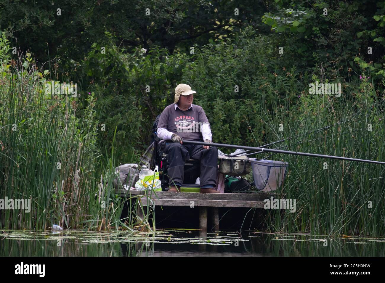 Pesca del pescatore dalla piattaforma. Estate. Himley Hall. Isole britanniche. Foto Stock