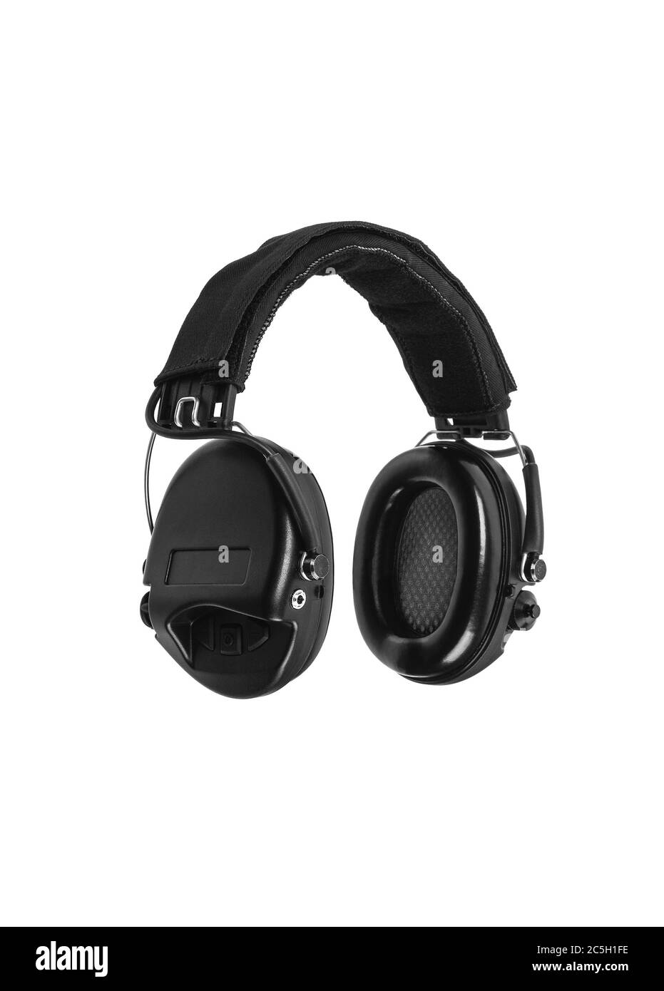Gli auricolari moderni e protettivi si isolano su uno sfondo bianco. Un dispositivo per proteggere le orecchie e l'udito dai suoni forti. Cuffie per la ripresa di un Foto Stock