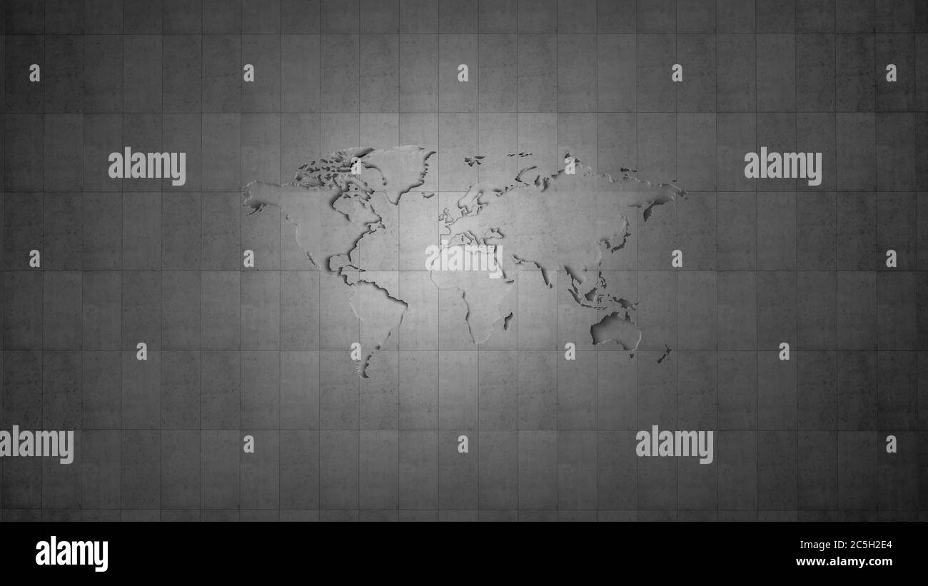 Mappa del mondo incorporato di fronte al banner parete in cemento Foto Stock