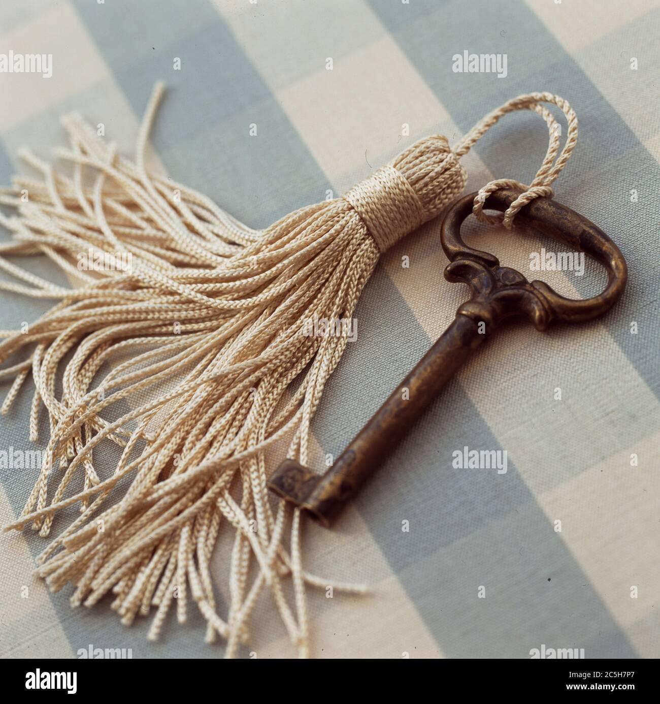 Vecchia chiave attaccata ad un tassle di seta crema Foto Stock