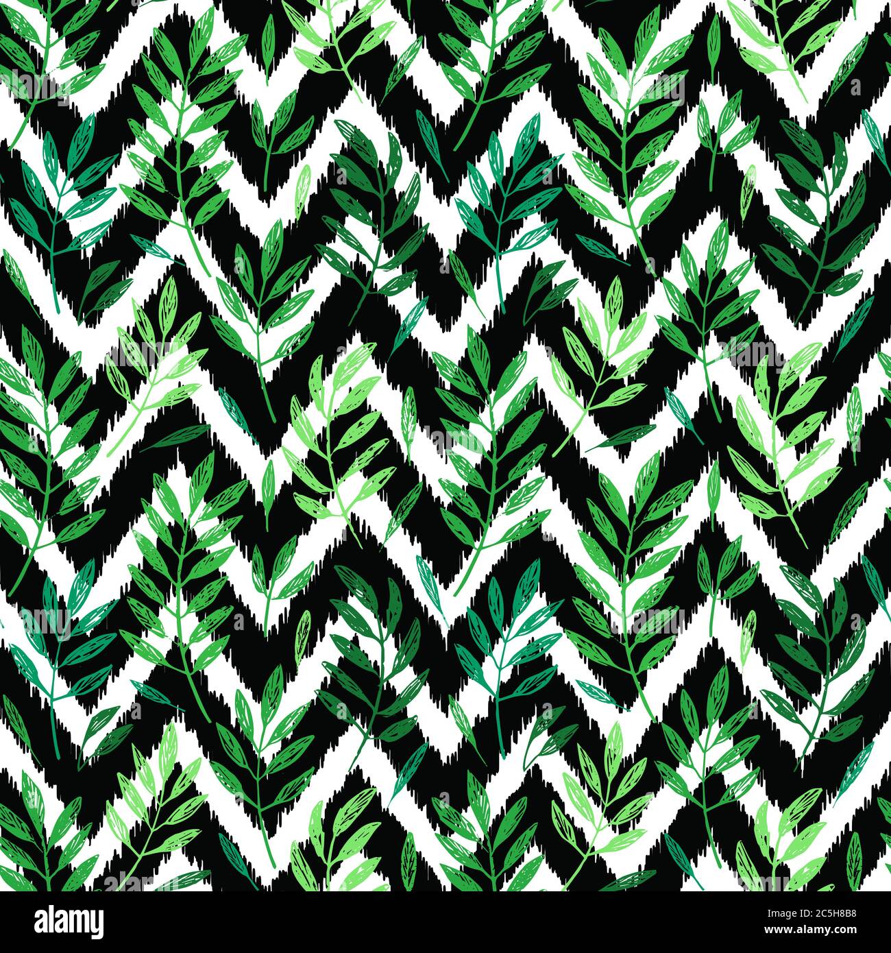 Foglie di palma tropicali, motivo fogliame senza cuciture. Illustrazione vettoriale. Sfondo di palme della giungla. Foglie verdi di palma tropicali su chevro bianco e nero Illustrazione Vettoriale