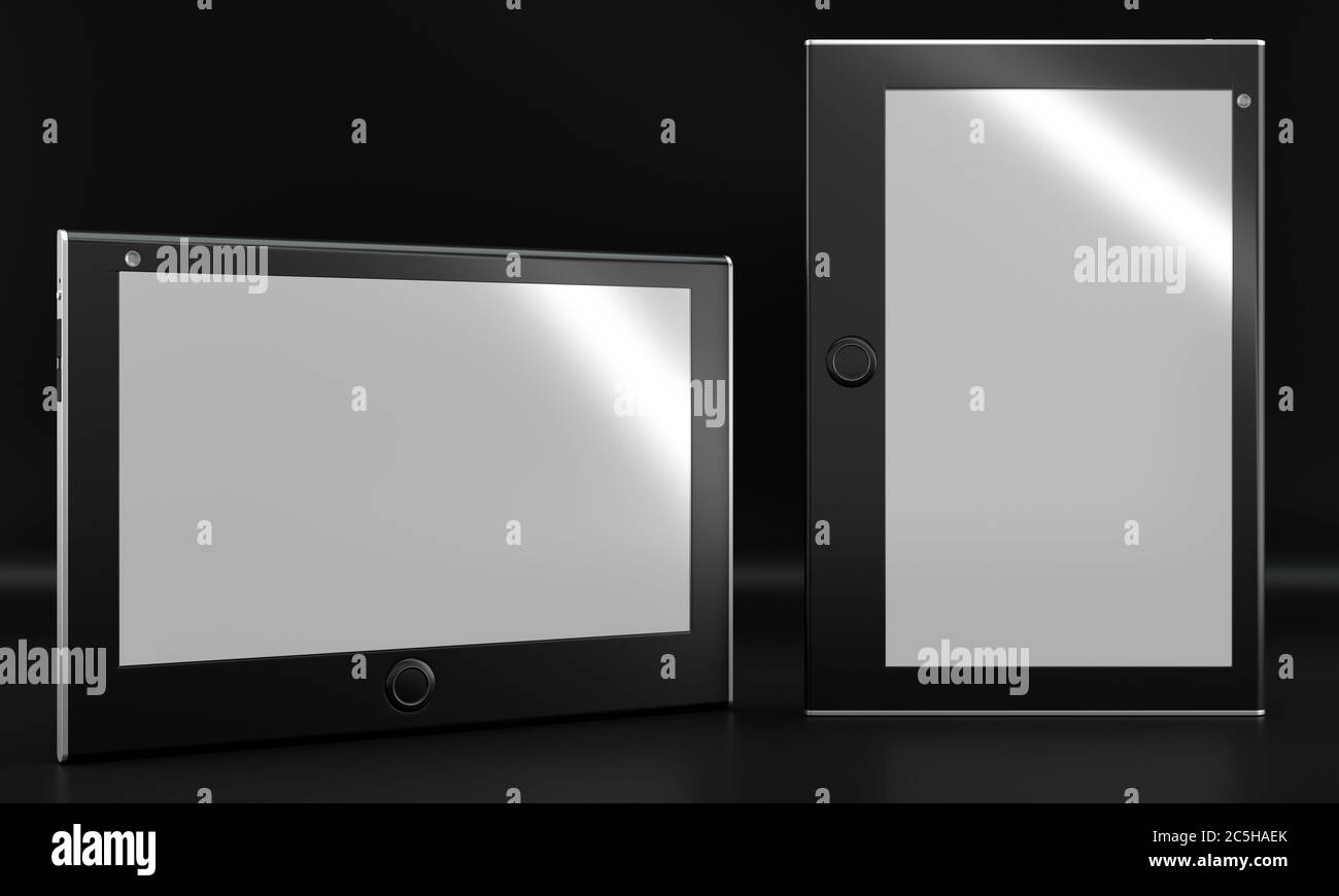 rendering 3d di mockup di tablet per progetti di web design su sfondo nero. Vista frontale. Foto Stock