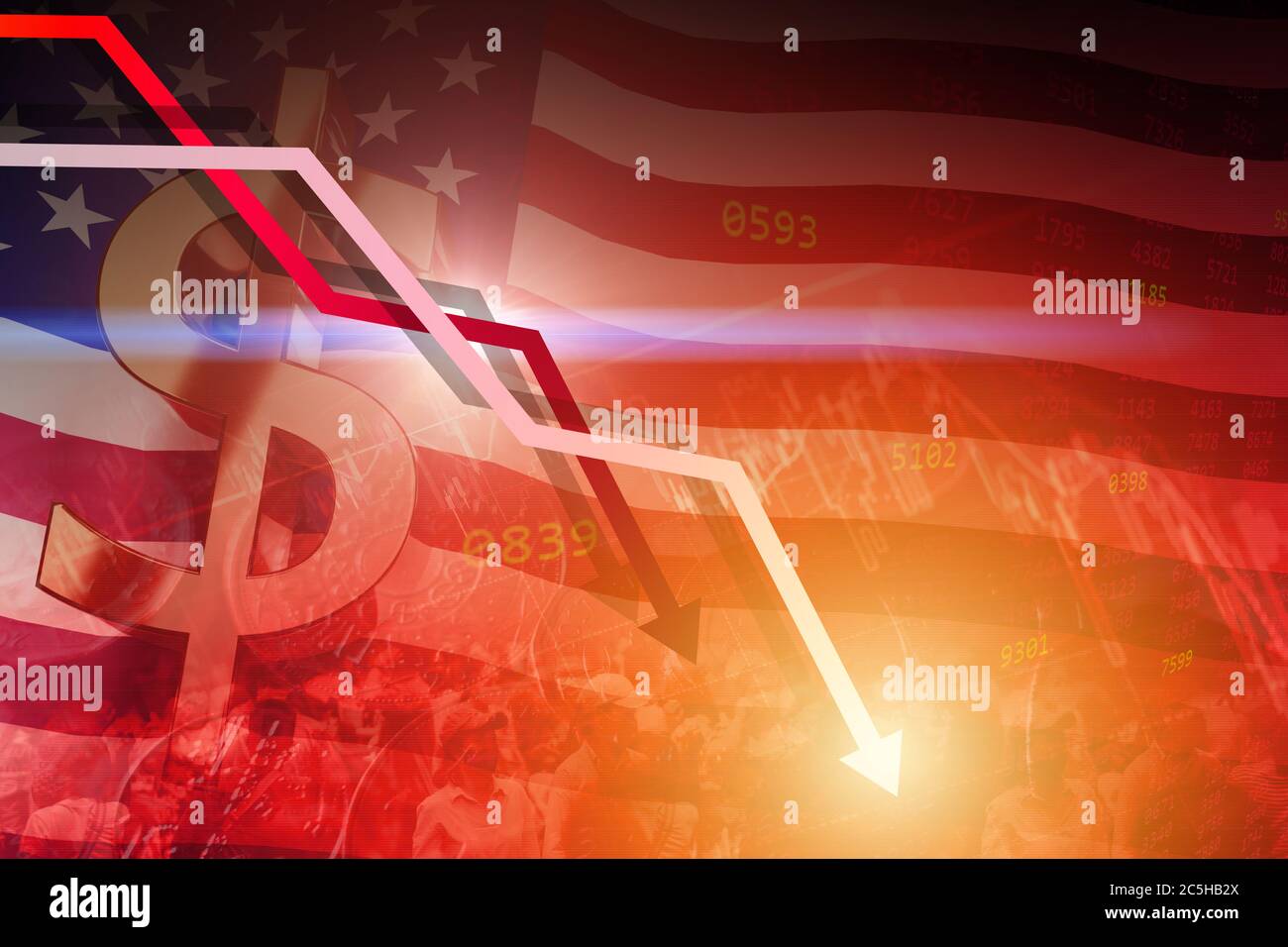 Il valore del dollaro americano è sceso e basso tasso di interesse di borsa valore da recessione economica lenta e di protesta concetto di problema. Foto Stock