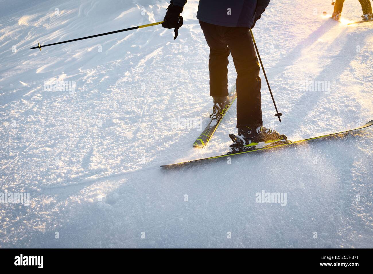 Esperti sciatori professionisti al tramonto, in sella alla neve Foto Stock