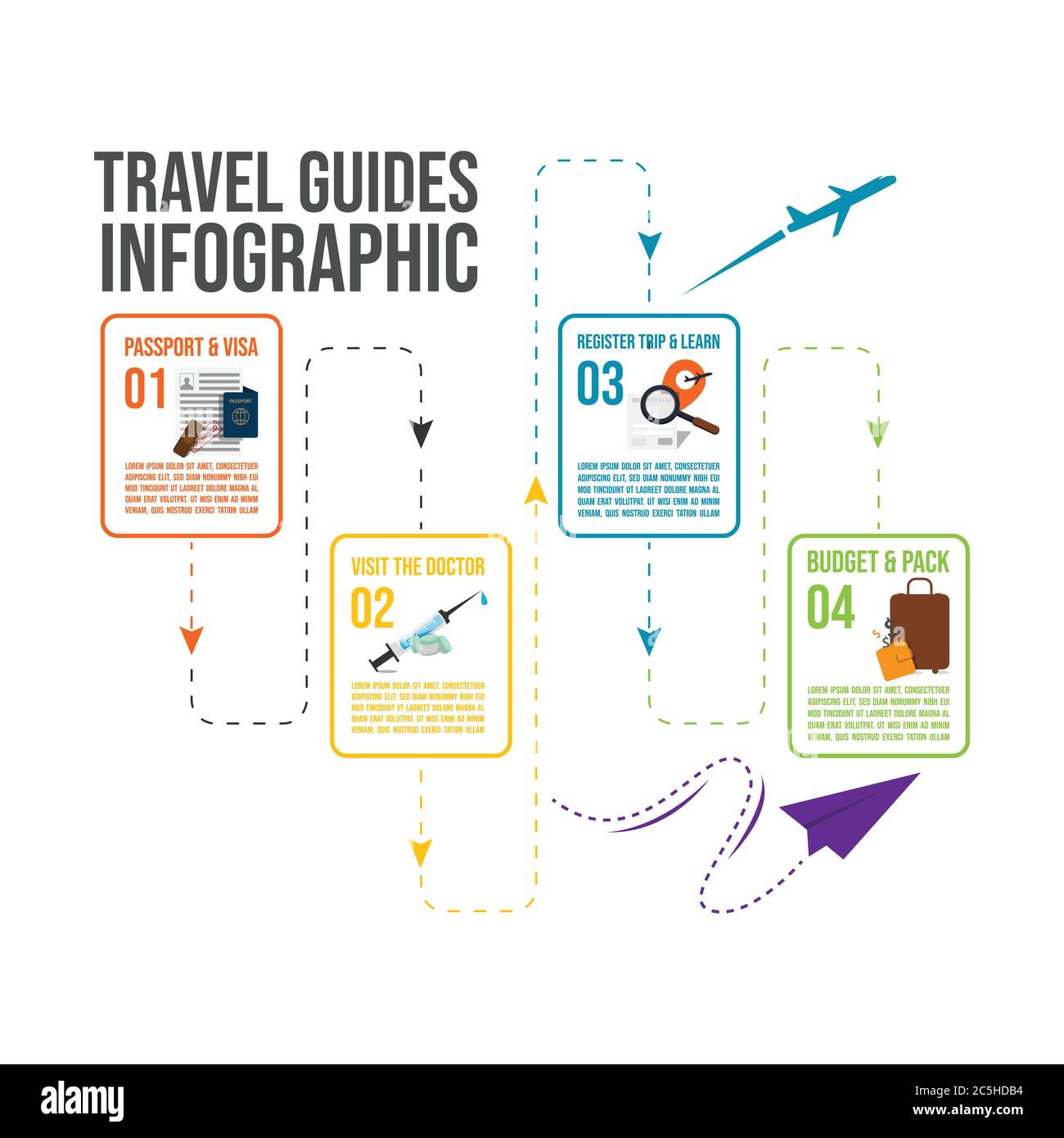 Infografica delle guide di viaggio con i passaggi e il modello vettore degli elementi icona Illustrazione Vettoriale