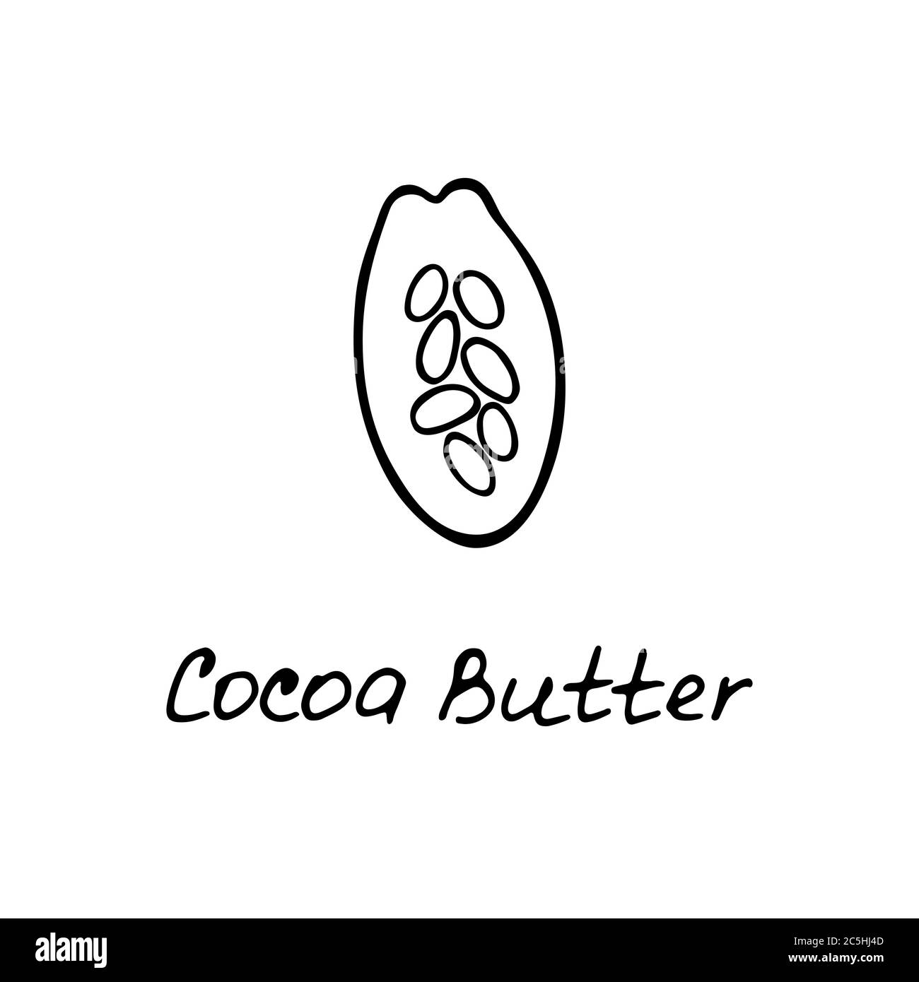 Burro di cacao. Ingrediente cosmetico. Olio nutrizionale per la cura della pelle. Icona disegnata a mano del cacao in grani. Illustrazione vettoriale Illustrazione Vettoriale