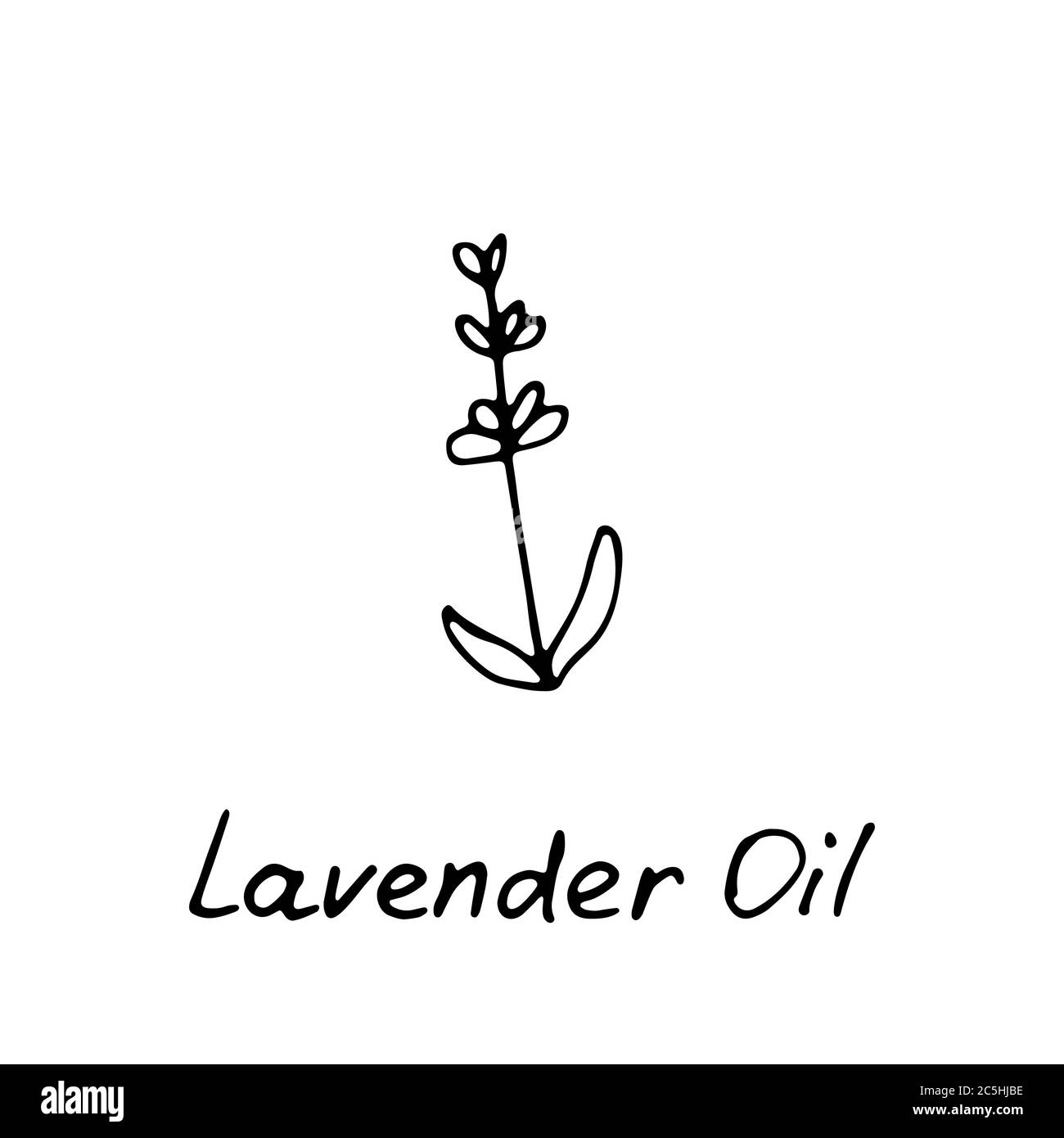Logo dell'olio essenziale di lavanda. Logo aromaterapico. Icona disegnata a mano con iscrizione scritta a mano. Aromaterapia, profumeria, cosmetici, logo spa. Illustrazione Vettoriale
