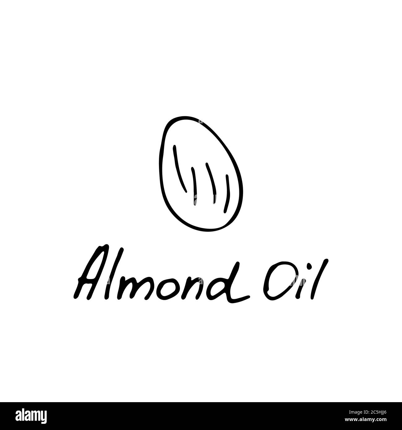 Olio di mandorle. Ingrediente cosmetico. Olio nutrizionale per la cura della pelle. Icona disegnata a mano di mandorla. Illustrazione vettoriale. Illustrazione Vettoriale
