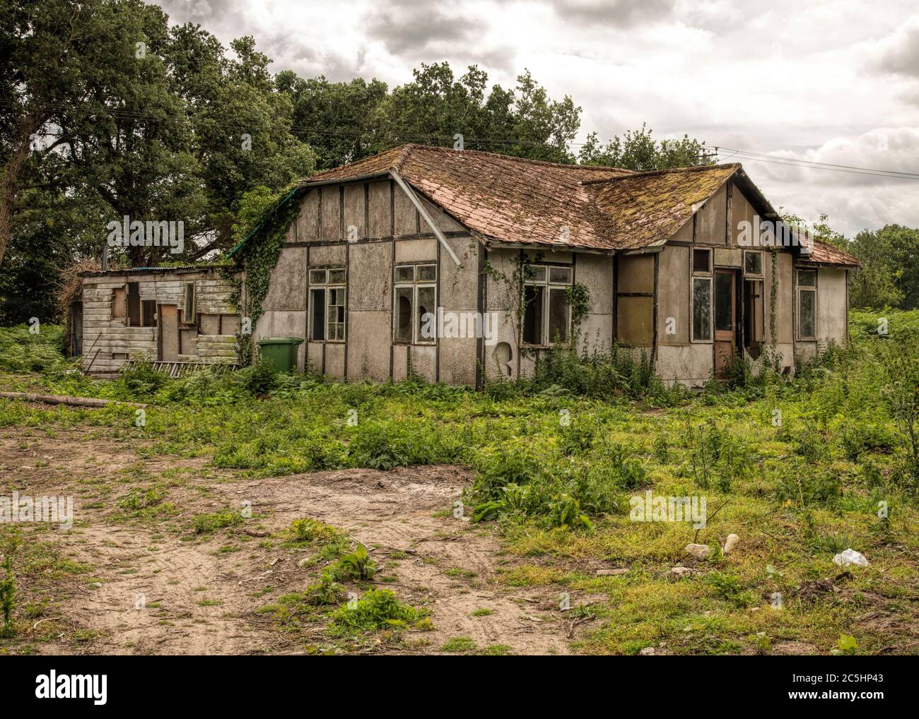 Bungalow derelict a Norfolk con finestre rotte e in stato di riparazione Foto Stock