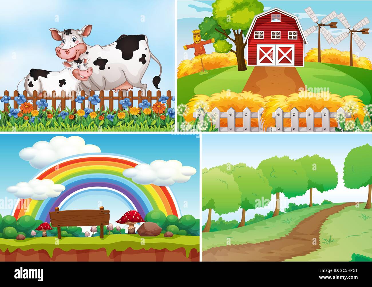 Insieme di diverse scene di fattoria con un'illustrazione di stile cartoon fattoria animale Illustrazione Vettoriale