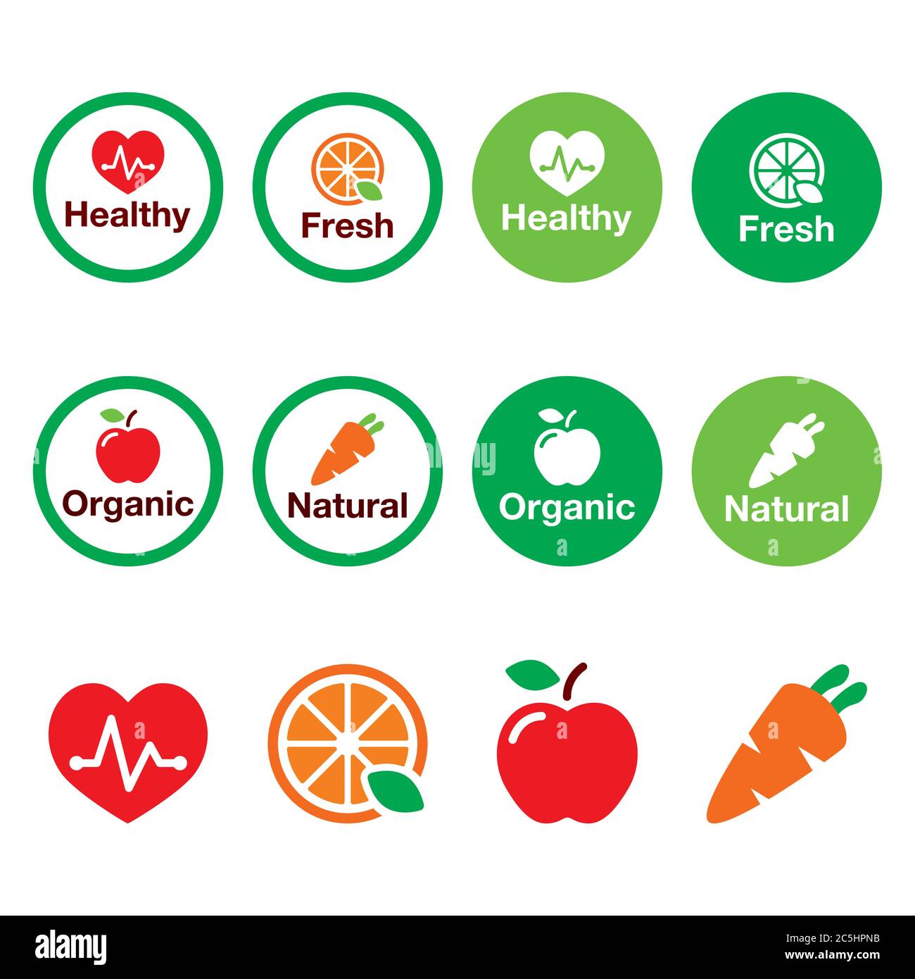Cibo biologico, calore mangiare prodotti freschi e naturali vettore icone set Illustrazione Vettoriale