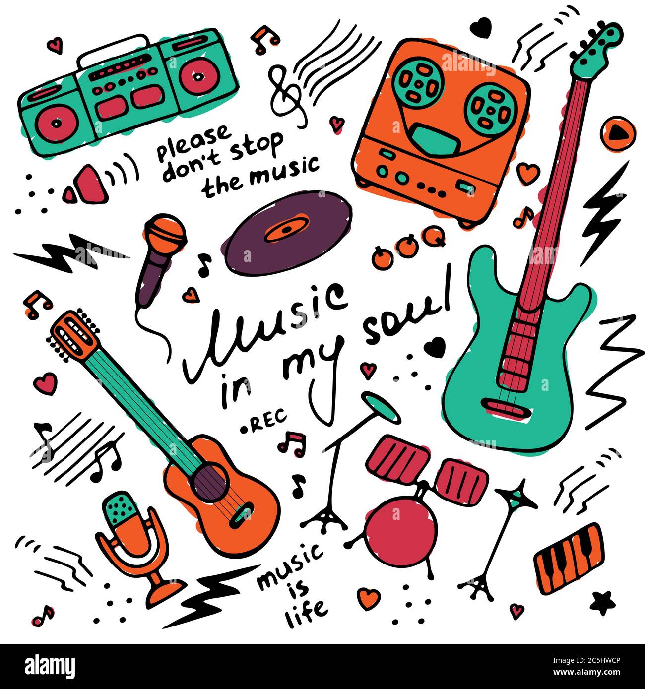 Raccolta di icone disegnate a mano. Tema musicale. Icone di strumenti musicali. Iscrizione scritta a mano Musica nella mia anima. Vettore Illustrazione Vettoriale