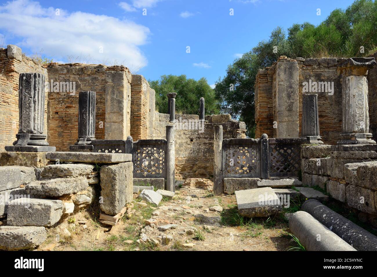 Antiche rovine di bottega di Fedia, raffigurate ad Olimpia, sono state fatte statue di Zeus, ora patrimonio dell'umanità dell'UNESCO Foto Stock