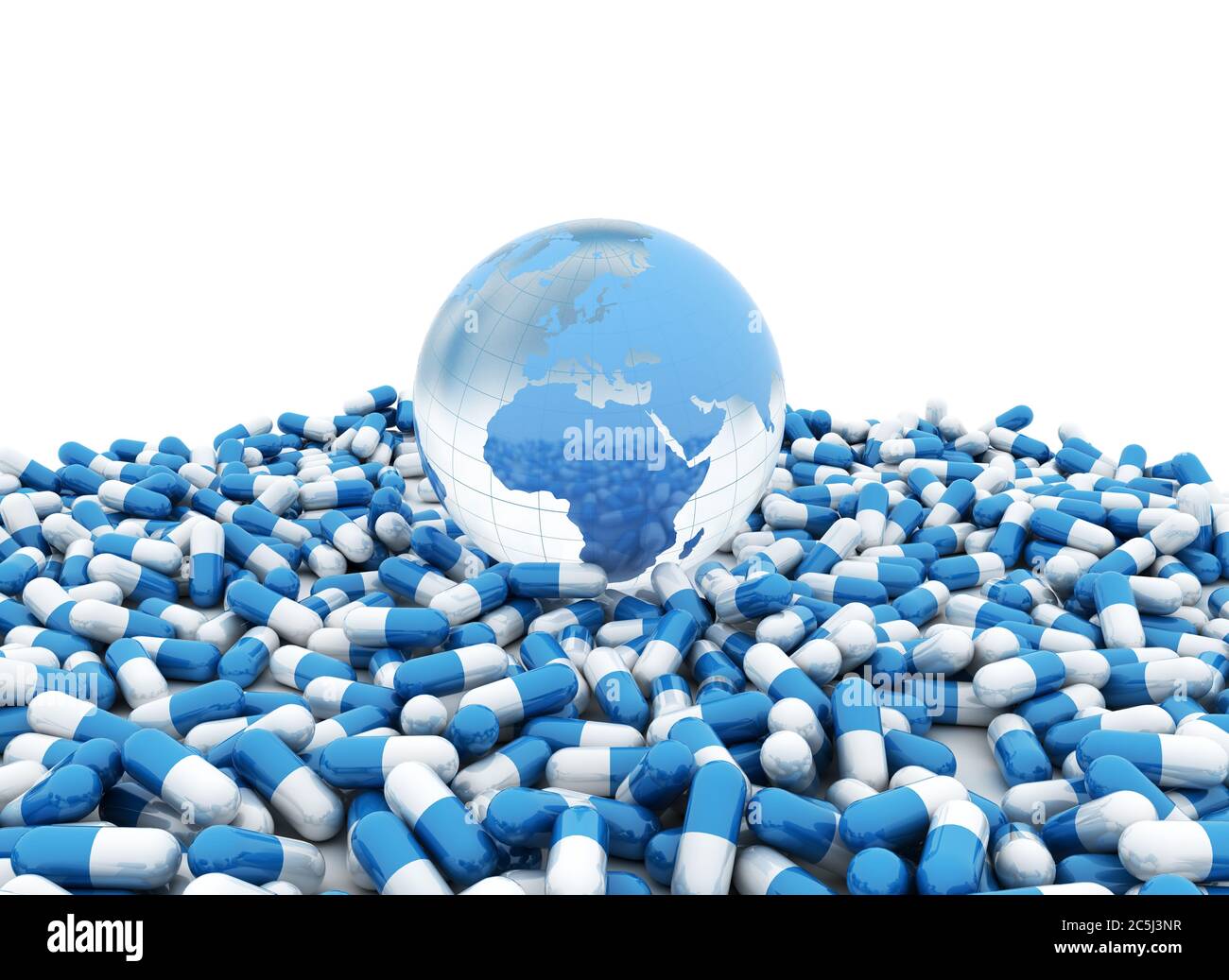 Pillole di medicina e mondo blu globo isolato su bianco Foto Stock