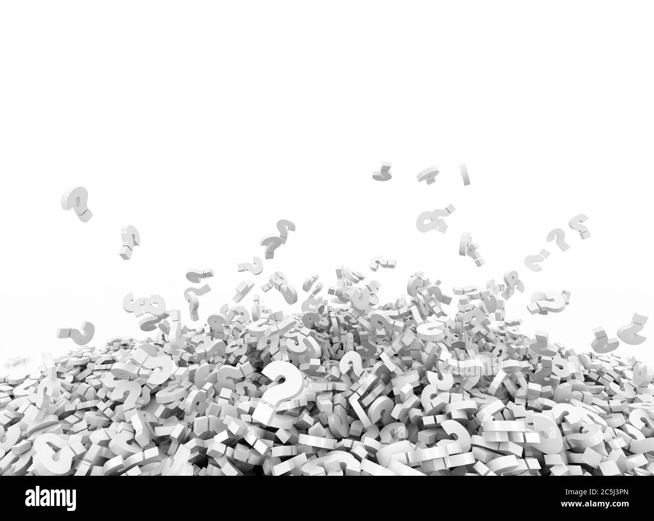Simboli di punti interrogativi bianchi in caduta in un mucchio grande. Isolato su sfondo bianco. Illustrazione 3D Foto Stock