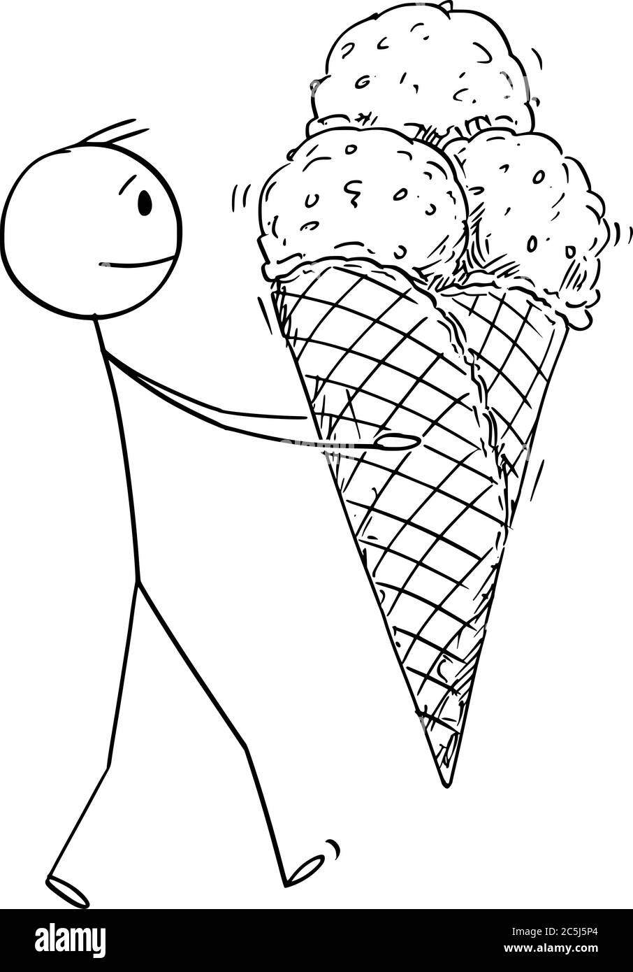 Disegno grafico vettoriale del cartoon illustrazione concettuale dell'uomo che tiene il gelato grande nel cono del waffle. Dessert estivo freddo. Illustrazione Vettoriale