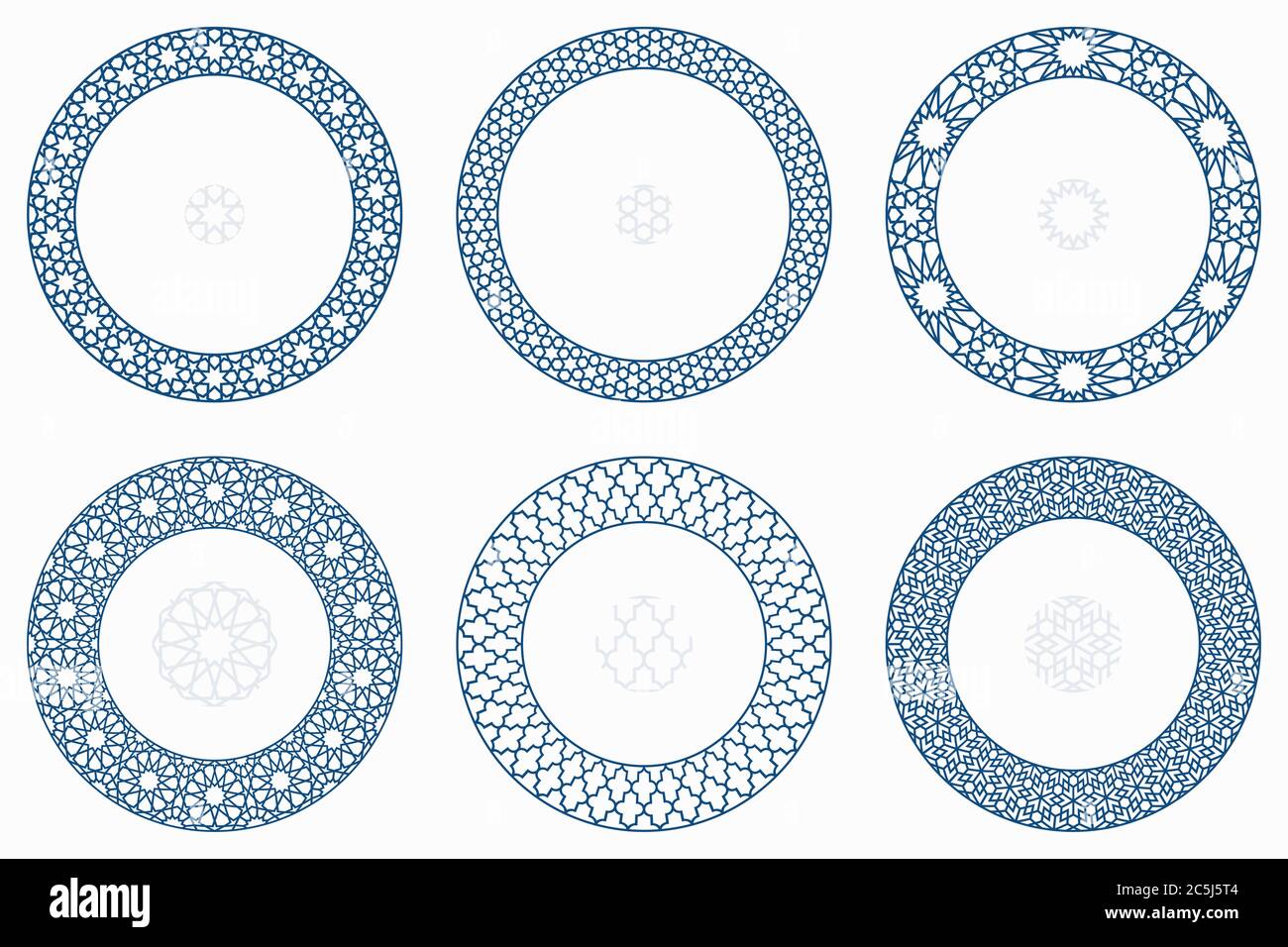 Set di motivi geometrici arrotondati arabi. Bordi, cornici. Illustrazione vettoriale di elementi ornamentali islamici rotondi con pennelli a motivo senza giunture Illustrazione Vettoriale