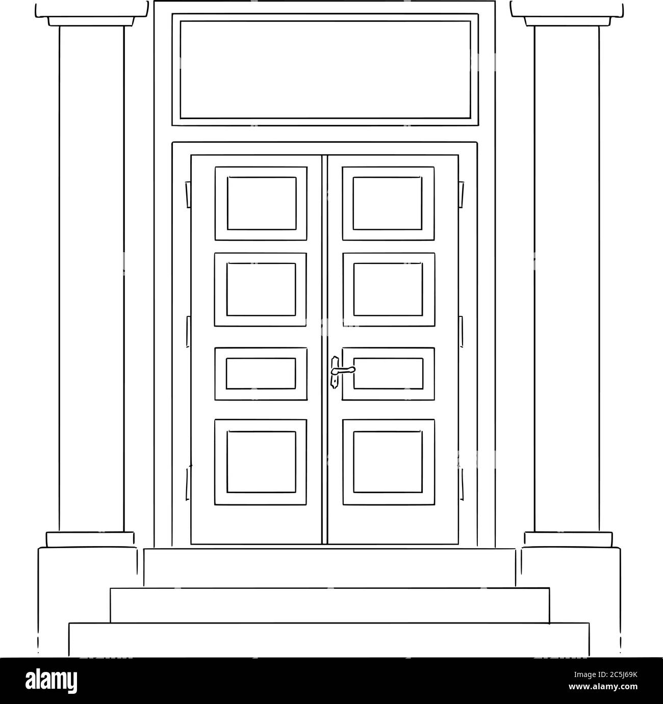 Disegno vettoriale a fumetti illustrazione concettuale di un ingresso classico o di una porta chiusa di un edificio di banca con colonne e scale. Spazio vuoto per il testo sopra. Illustrazione Vettoriale