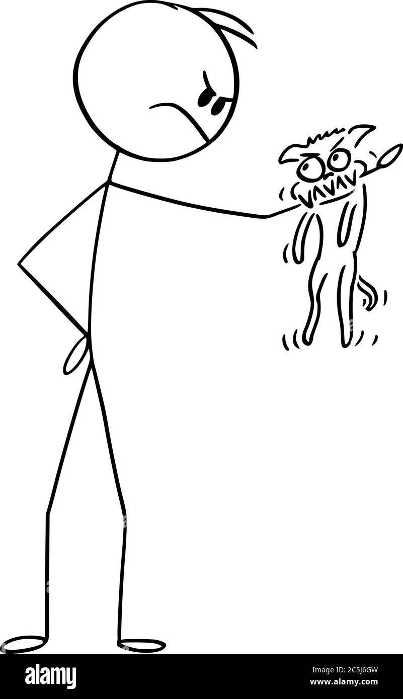 Figura vettoriale del cartone disegno illustrazione concettuale di uomo arrabbiato con il piccolo cane aggressivo o chihuahua morso al suo braccio. Illustrazione Vettoriale