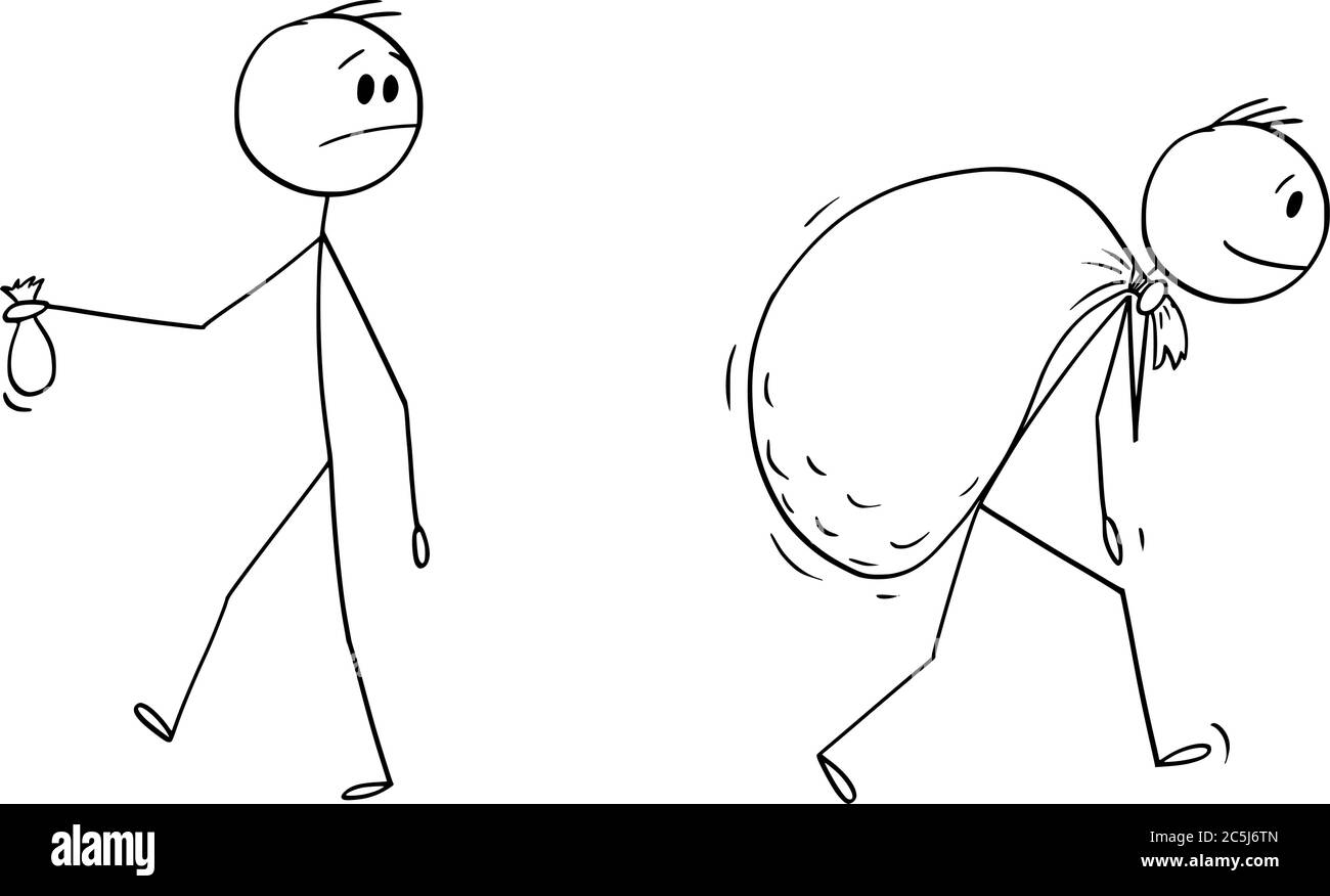 Vettore cartoon figura disegno disegno disegno concettuale illustrazione di uomo d'affari che tiene piccola borsa e guardando un altro uomo che trasporta grande borsa di denaro. Illustrazione Vettoriale
