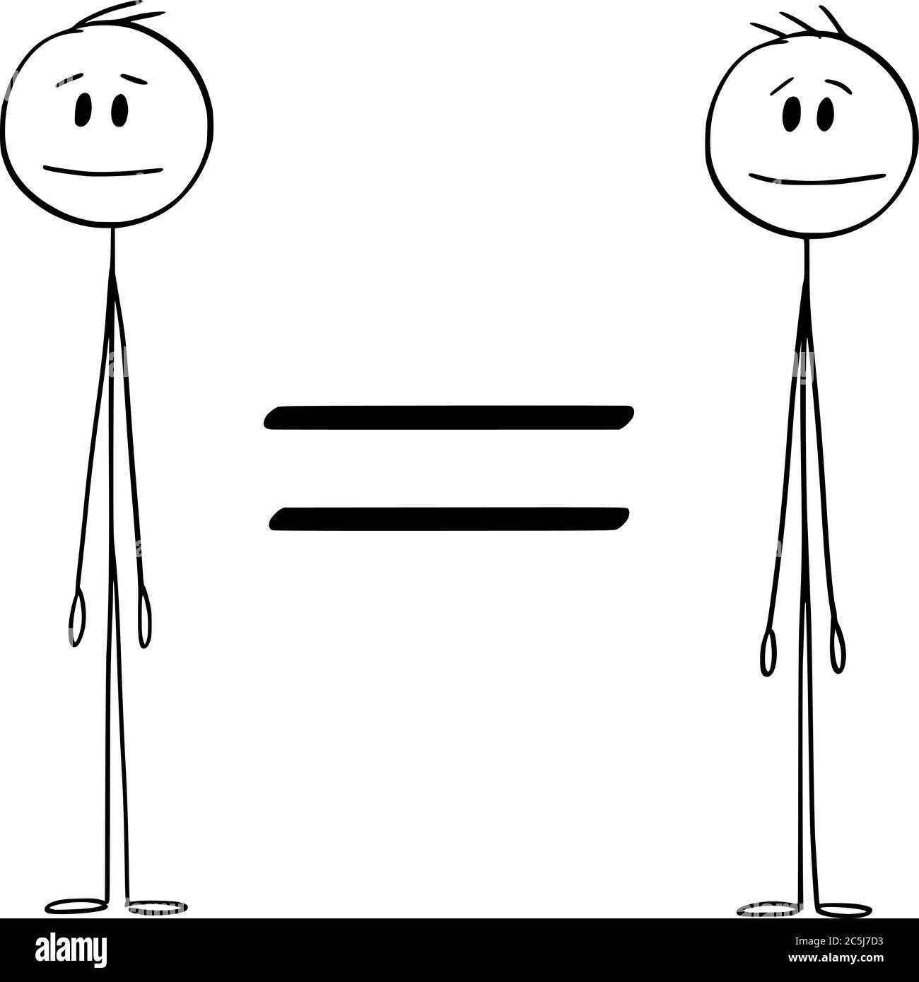 Disegno grafico vettoriale di cartoni animati illustrazione concettuale di due uomini e segno uguale o equazione. Tutte le persone o gli uomini sono creati uguali. Illustrazione Vettoriale Disegno grafico vettoriale di cartoni animati illustrazione concettuale di due uomini e segno uguale o equazione. Tutte le persone o gli uomini sono creati uguali. Illustrazione Vettoriale