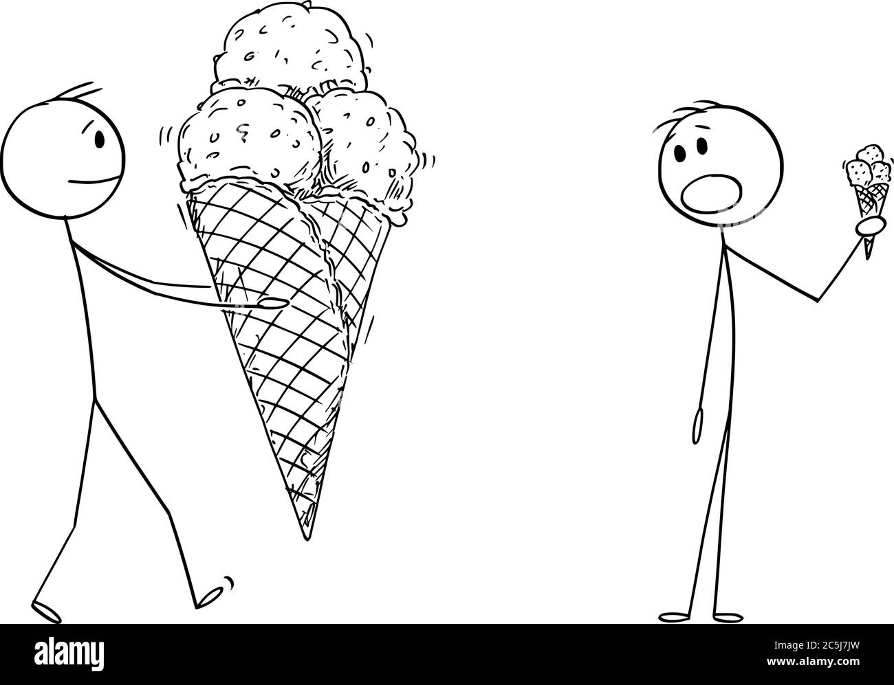 Disegno grafico vettoriale del cartoon illustrazione concettuale dell'uomo che tiene il gelato grande nel cono del waffle. Dessert estivo freddo. L'uomo con il piccolo cono è sconvolto. Illustrazione Vettoriale