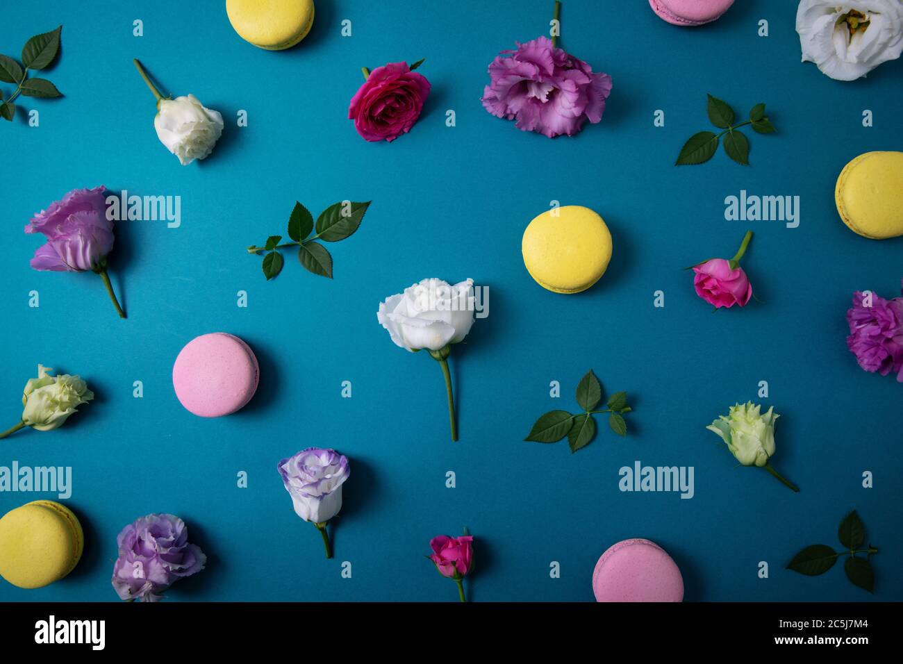 fiori colorati e macaron su sfondo blu. vista dall'alto Foto Stock