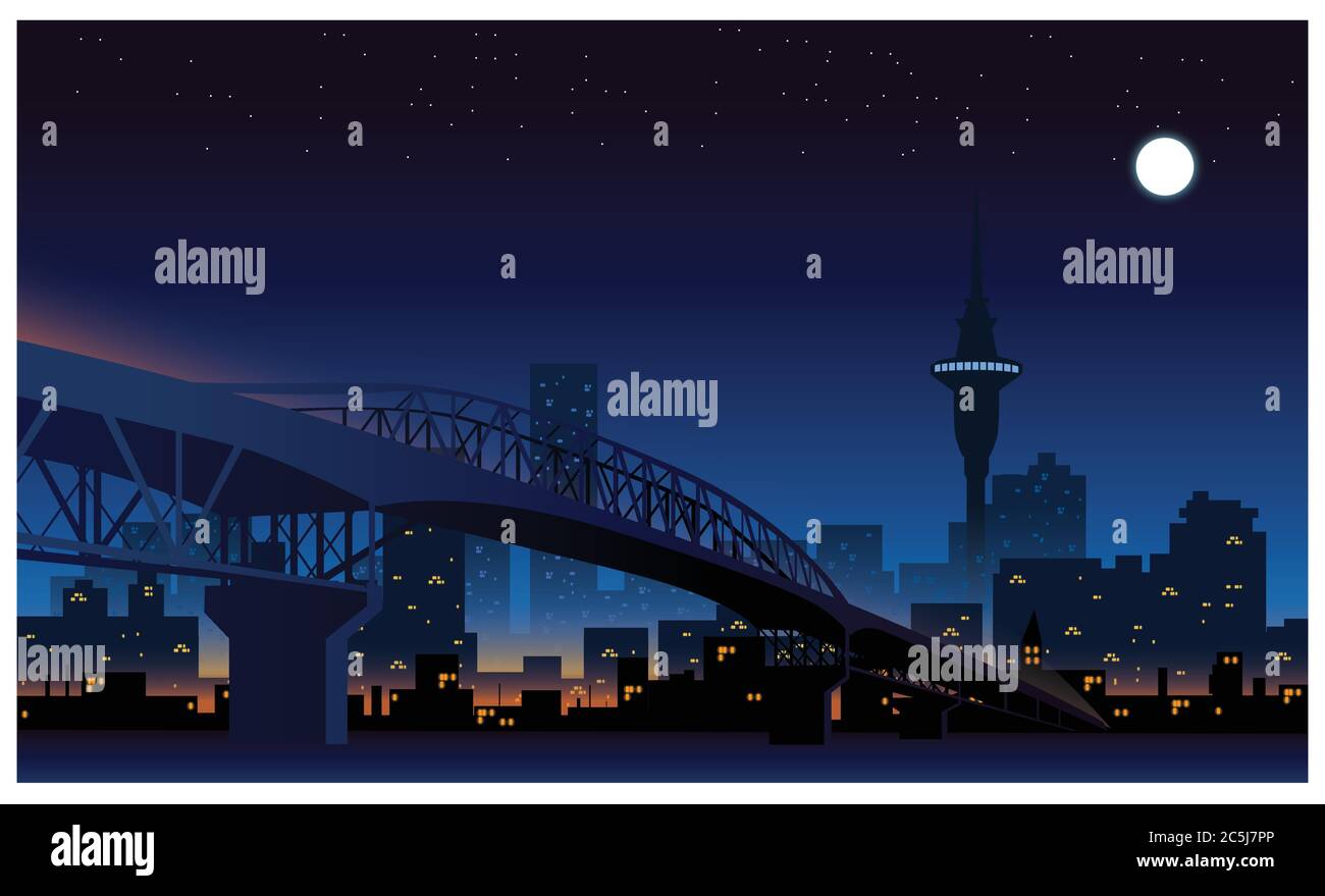 Skyline di Auckland di notte Illustrazione Vettoriale