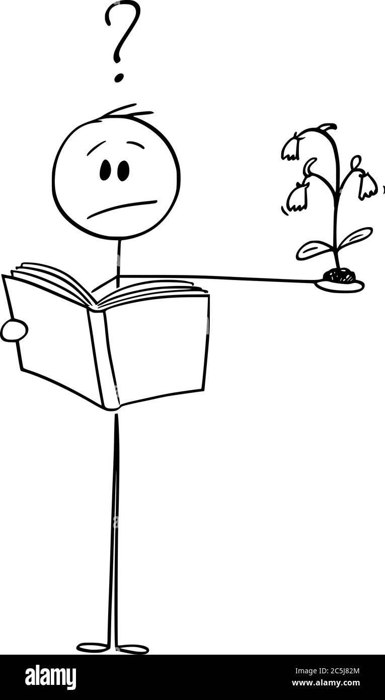 Disegno vettoriale di figura di cartoon illustrazione concettuale di uomo o scienziato che cerca di trovare e identificare pianta sconosciuta nel libro o erbario. Illustrazione Vettoriale