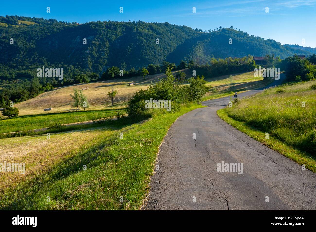 Una strada nella campagna italiana vicino alla piccola città di Serramazzoni, Modena, Italia Foto Stock Una strada nella campagna italiana vicino alla piccola città di Serramazzoni, Modena, Italia Foto Stock