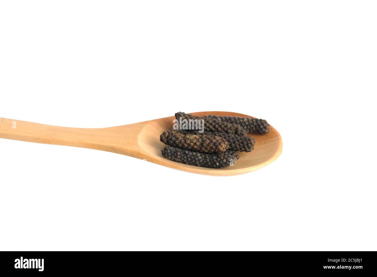 Retrofattum di Piper essiccato, pepe lungo balinese o pepe lungo giavanese su cucchiaio di legno, isolato su sfondo bianco. Foto Stock