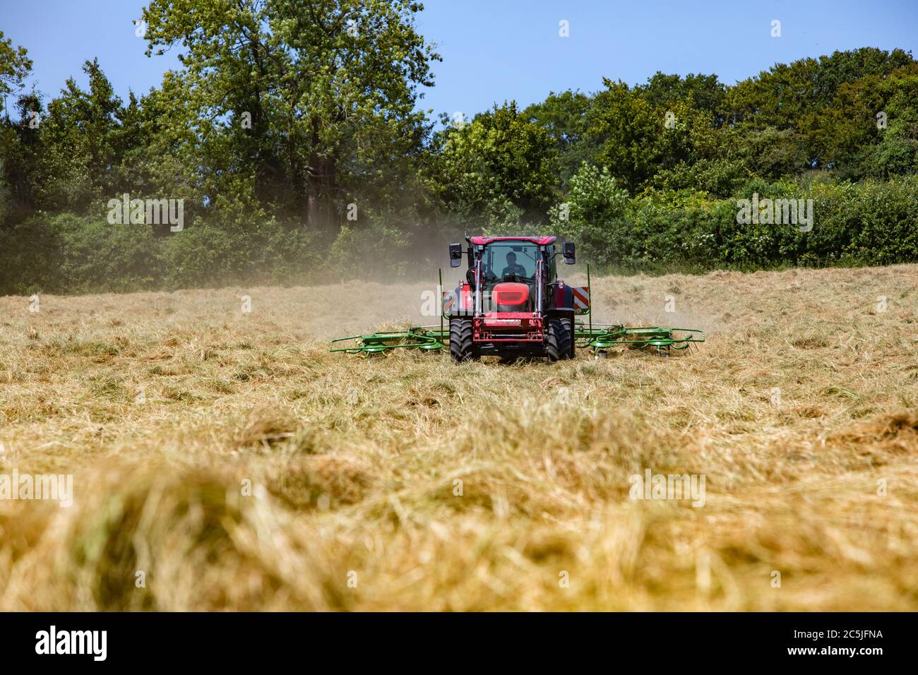 Hay Harvest giugno 2020 trattore rosso Regno Unito, tornando fieno in preparazione per imballarlo, cielo blu bella giornata di sole. Fare fieno mentre il sole splende. Hampshire Regno Unito Foto Stock