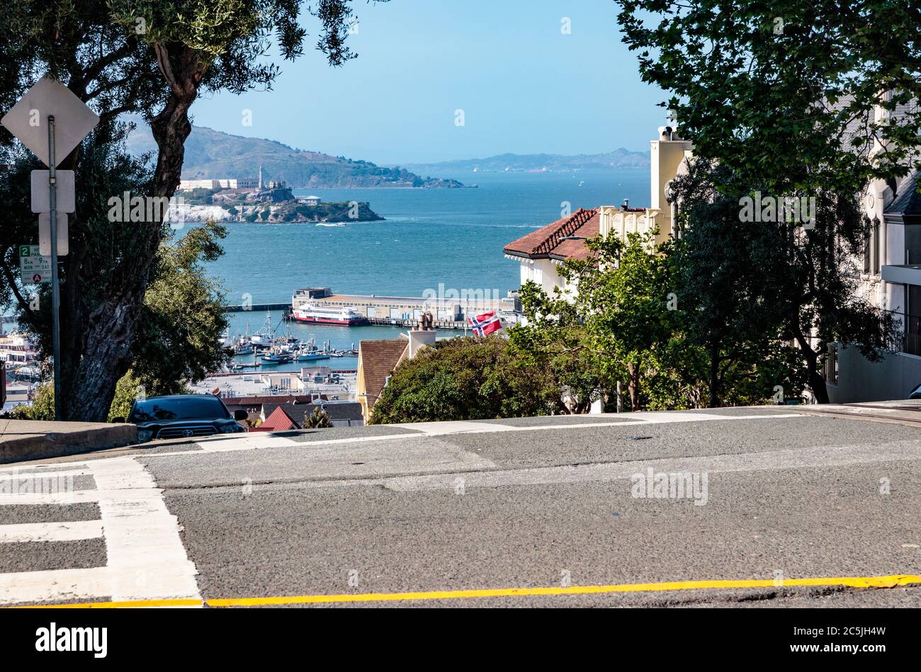 Vista dell'isola di Alcatraz da Nob Hill Foto Stock