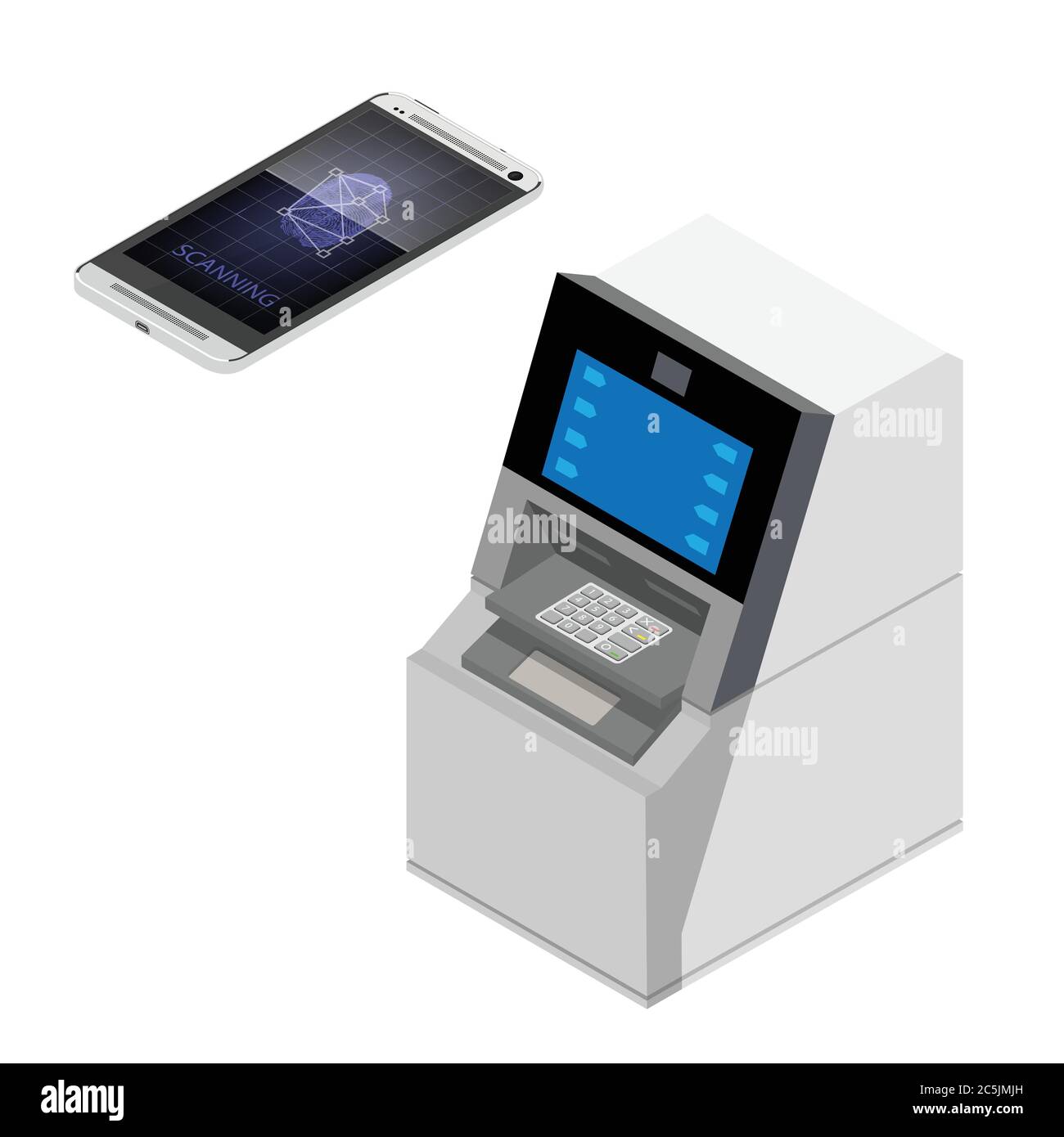ATM e smartphone scansione impronta digitale vista isometrica isolata su sfondo bianco. Macchina per teller automatica. Vettore Illustrazione Vettoriale