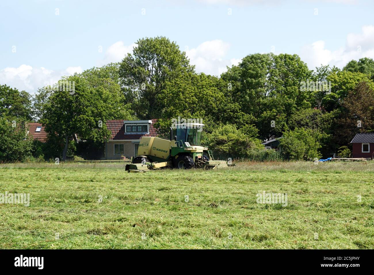 Bergen, Paesi Bassi, 5 maggio. Un agricoltore olandese sta falciando l'erba del prato con una falciatrice. Foto Stock