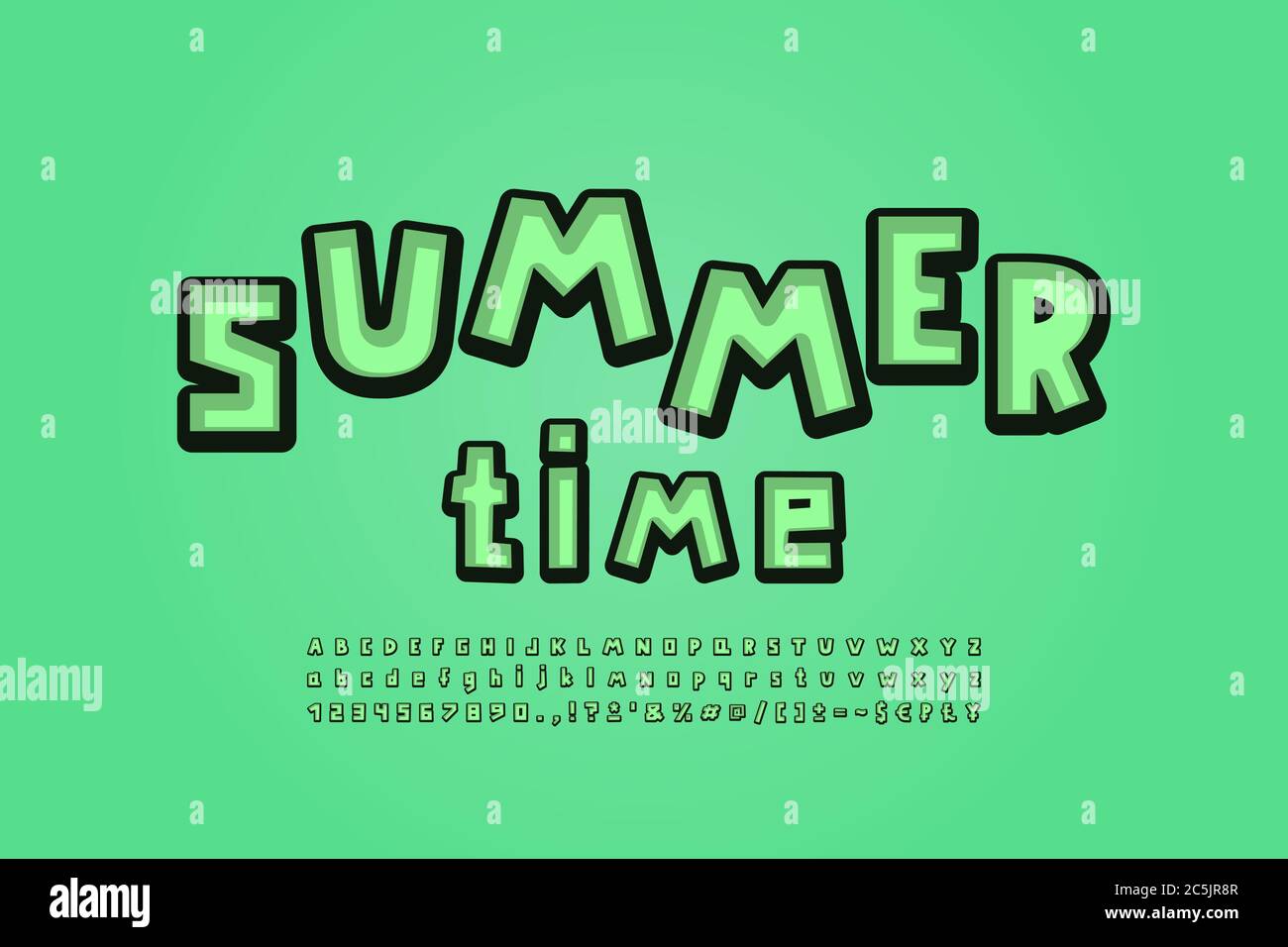 Caratteri quadrati a forma di cartoni animati verdi estivi. Lettere maiuscole e minuscole, numeri, segni di punteggiatura. Illustrazione vettoriale. Illustrazione Vettoriale