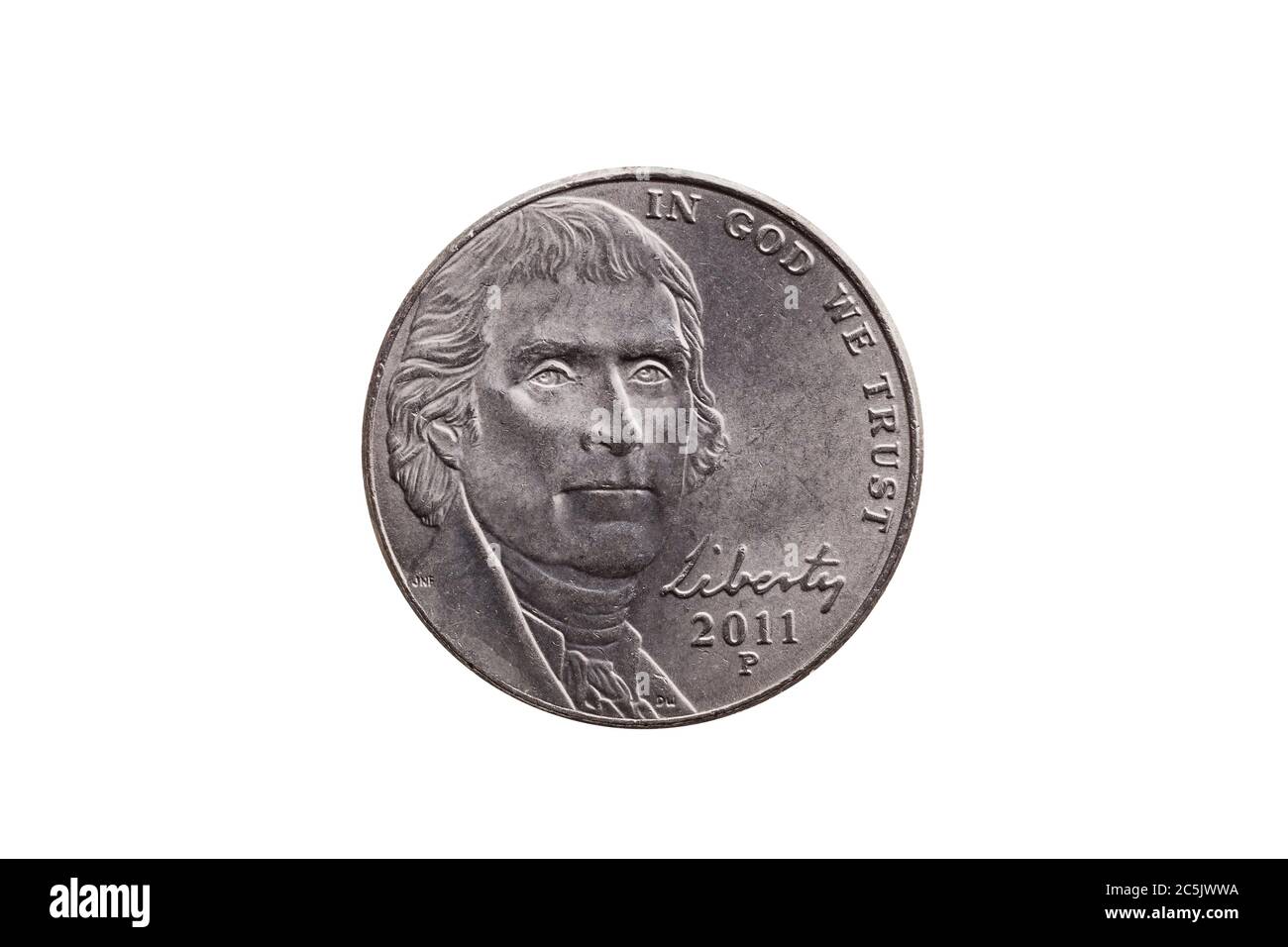 Moneta di nichel a metà moneta USA (25 centesimi) con un ritratto di Thomas Jefferson tagliato e isolato su uno sfondo bianco Foto Stock