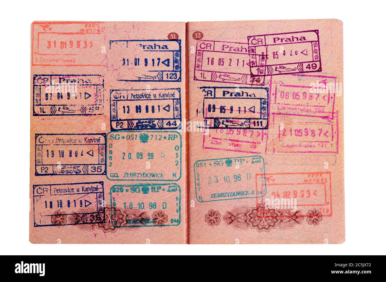 Passaporto russo impresso sul valico di frontiera Foto Stock